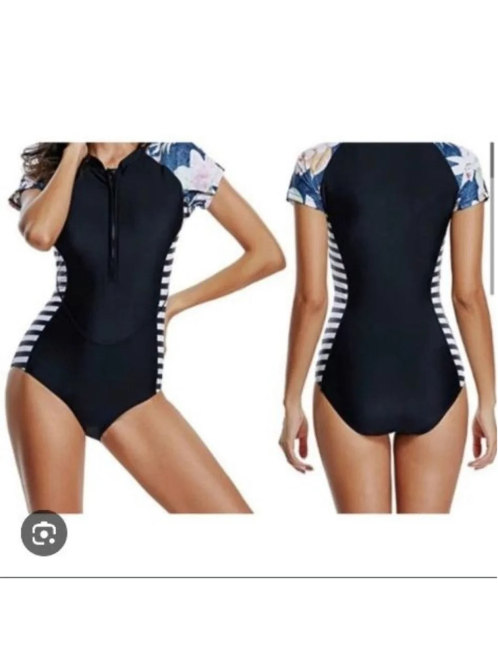 New Women's Black and White Striped Floral One Piece Swimsuit M Zipper Bodysuit
